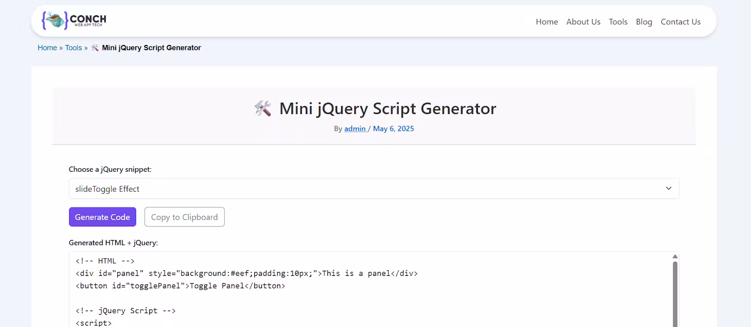Mini jQuery Script Generator – Instantly Create jQuery Code Snippets